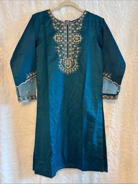 Tops - Teal Embroidered Tunic Kurta with Gold Thread Detail